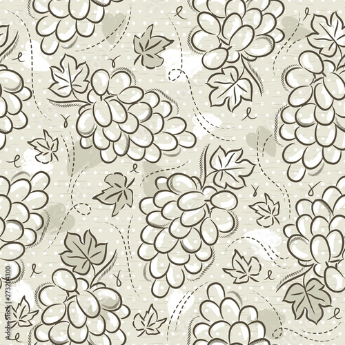Beige Seamless Patterns with grapes on grunge background. Ideal for printing onto fabric and paper or scrap booking, vector