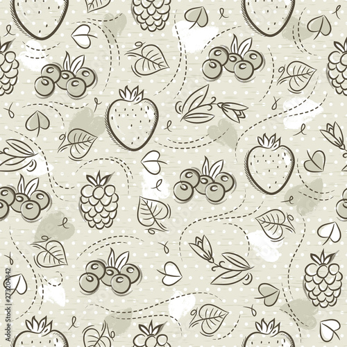 Beige Seamless Patterns with strawberry, blackberry, blueberry and raspberry on grunge background. Ideal for printing onto fabric and paper or scrap booking, vector
