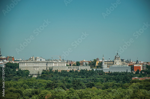 Royal Palace and Almudena Cathedral with trees in Madrid