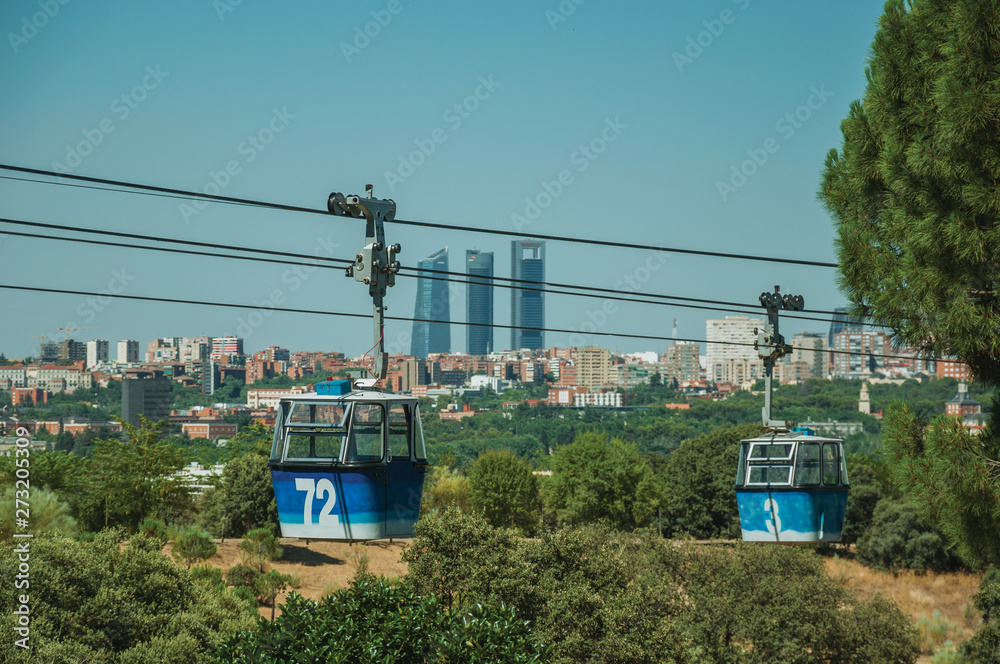 Cable car gondola and skyline at the Teleferico Park of Madrid Stock
