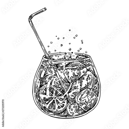 Glass of sparkling water with slice of lemon, ice cubes and straw. Sketch. Engraving style. Vector illustration.