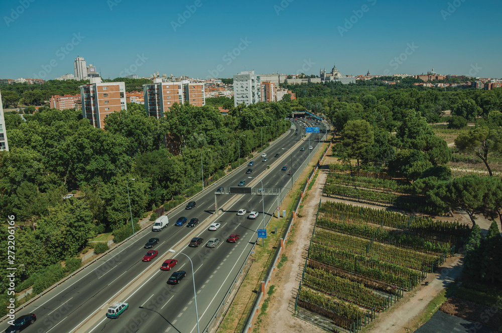 Highway with heavy traffic and trees in Madrid
