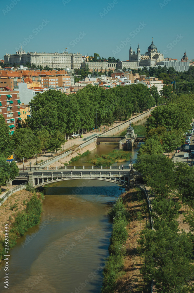 Royal Palace and Almudena Cathedral and Manzanares River at Madrid