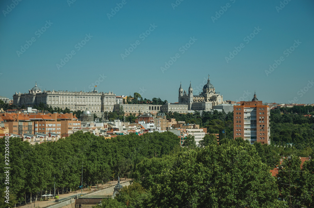 Royal Palace and Almudena Cathedral with trees from garden at Madrid