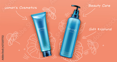 Cosmetic tubes mockup, natural beauty cosmetics product for face or body care on orange background with hand drawn doodle flowers, bottles package promo design banner. Realistic 3d vector illustration