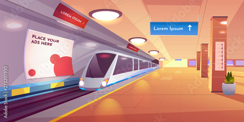 Train in metro station, empty subway platform, underground interior with map and ads banners. Modern metropolitan, railroad urban transportation background, public railway. Cartoon vector illustration