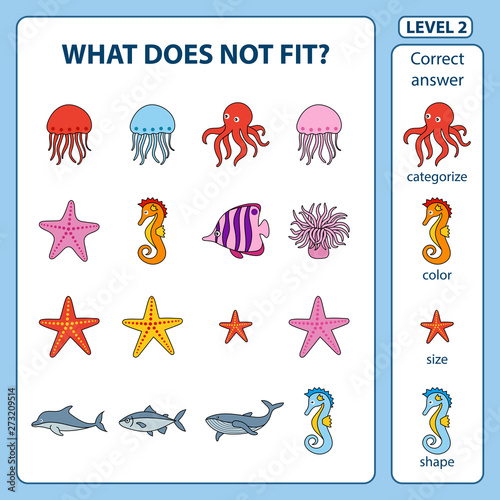 Set of logical tasks for children on the sea animals and fish theme