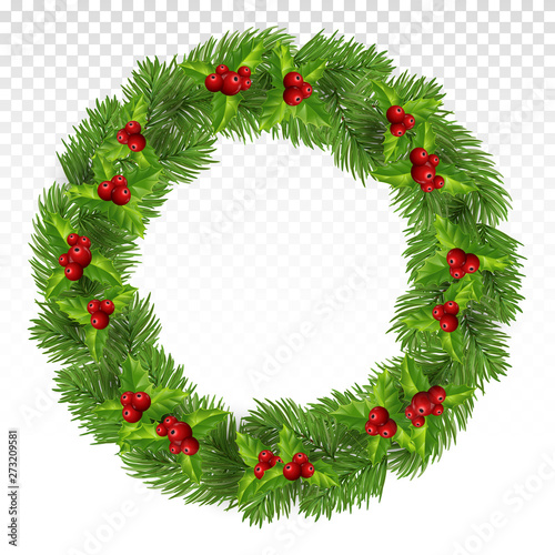 Green pine wreath. Large Christmas wreath with red berries, holly and fir branches. Christmas frame.Festive decorations.Vector EPS10