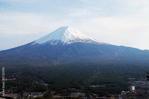 Close up top of beautiful Fuji mountain with snow cover on the top with could, Japan 