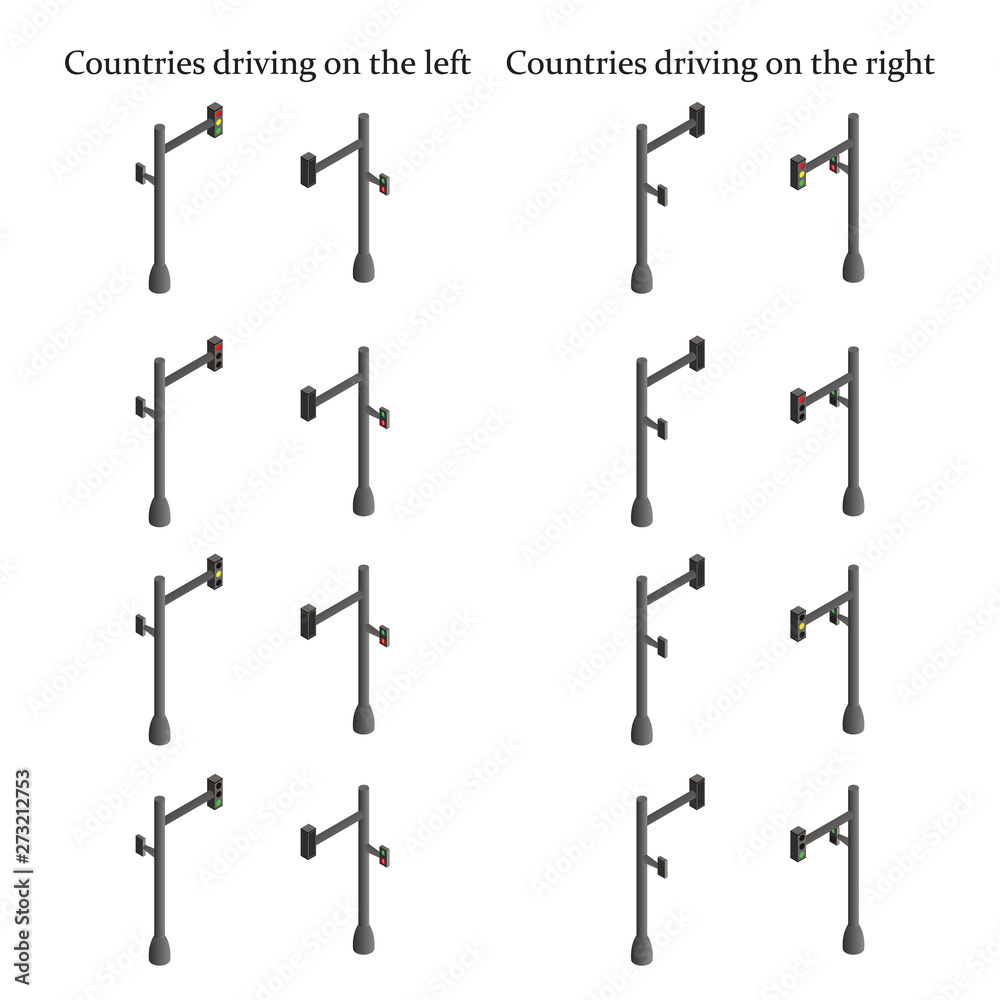 Isometric traffic lights set. Traffic lights set for both left and right side driving countries. Vector. Isometric traffic lights set. Traffic lights set for both left and right side driving countries. Vector.