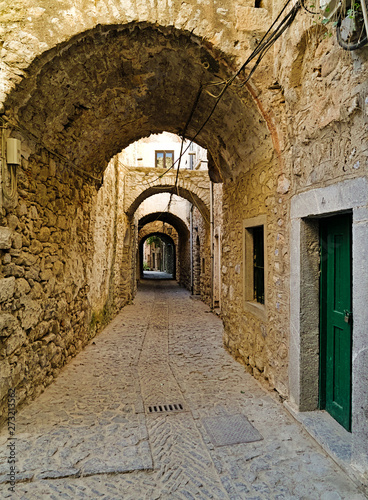 Medieval narrow alley at the village of Mesta in Chios island   Greece.