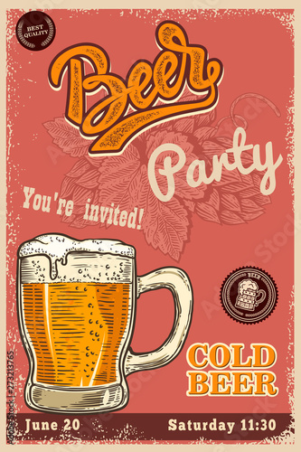 Beer poster template with mug and beer hop. Design element for poster, t shirt, emblem, sign, label. Vector illustration