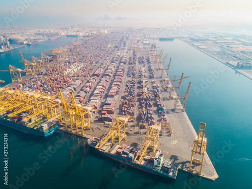 Aerial view of cargo port full of containers, Dubai, UAE photo
