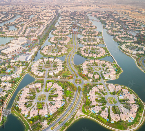 Aerial view of the housing development Jumeirah Islands in Dubai, U.A.E. photo