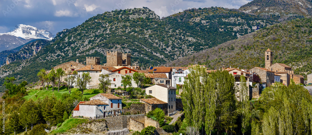 Panoramic view of Binies village in Aragon region of Spanish Pyrenees.