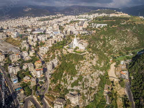 Aerial view of the Christ statue in Keserwan District in Lebanon. photo