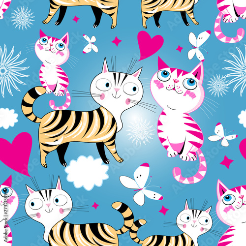 Seamless cartoon funny vector pattern of cats in love