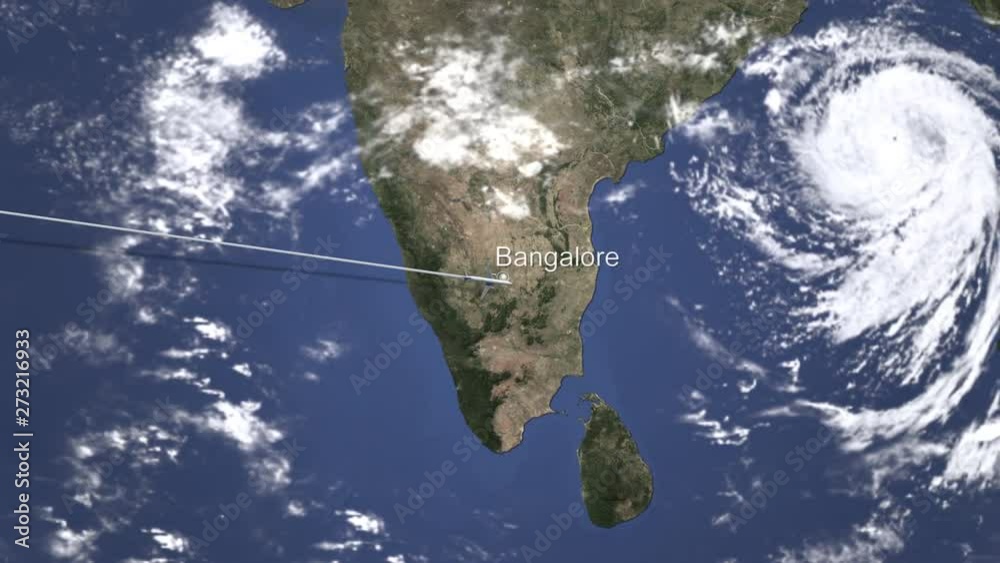 Airplane flying to Bangalore, India on the map. Intro 3D animation 