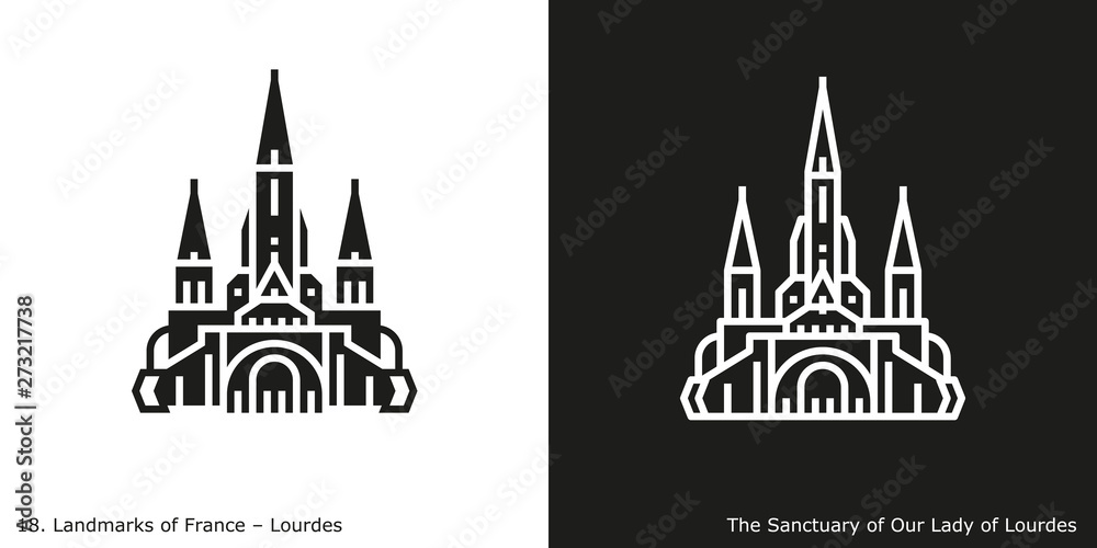 Lourdes. The Sanctuary of Our Lady of Lourdes. Outline and glyph style icons of the famous landmark from France.