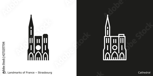 Strasbourg Cathedral. Outline and glyph style icons of the famous landmark from France.