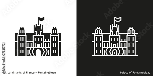 Palace of Fontainebleau. Outline and glyph style icons of the famous landmark from France.