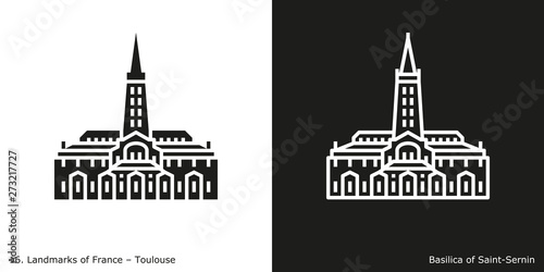 Toulouse -  Basilica of Saint-Sernin. Outline and glyph style icons of the famous landmark from France.