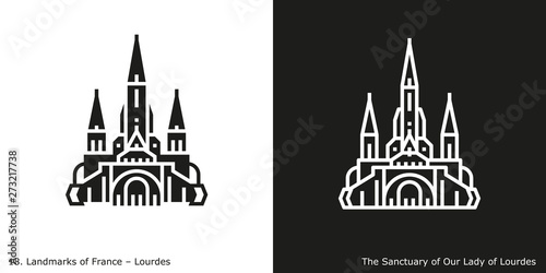 Lourdes. The Sanctuary of Our Lady of Lourdes. Outline and glyph style icons of the famous landmark from France. photo