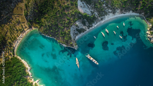 Aerial view of boats moored in the bay of island Ithaca in Greece. photo