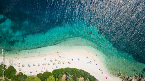 Aerial view of a beach on Agios Ioannis, Greece.