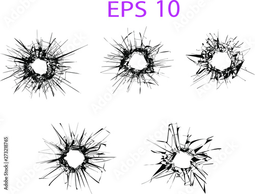 Broken glass, cracks, bullet marks on glass. Illustration set. You can easy change colors or sizes. High resolution