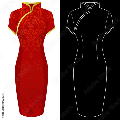 Cheongsam dress image with white outline silhouette on black