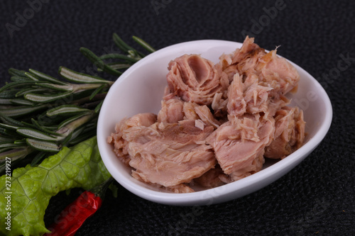 Tasty canned tuna fish in the bowl