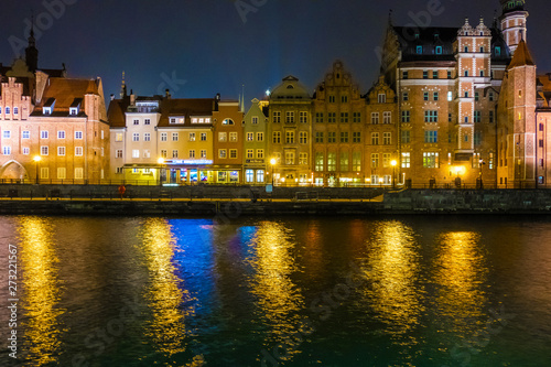 Gdansk  Poland - February 07  2019  View of Gdansk s Main Town from the Motlawa River at night. Gdansk  Poland