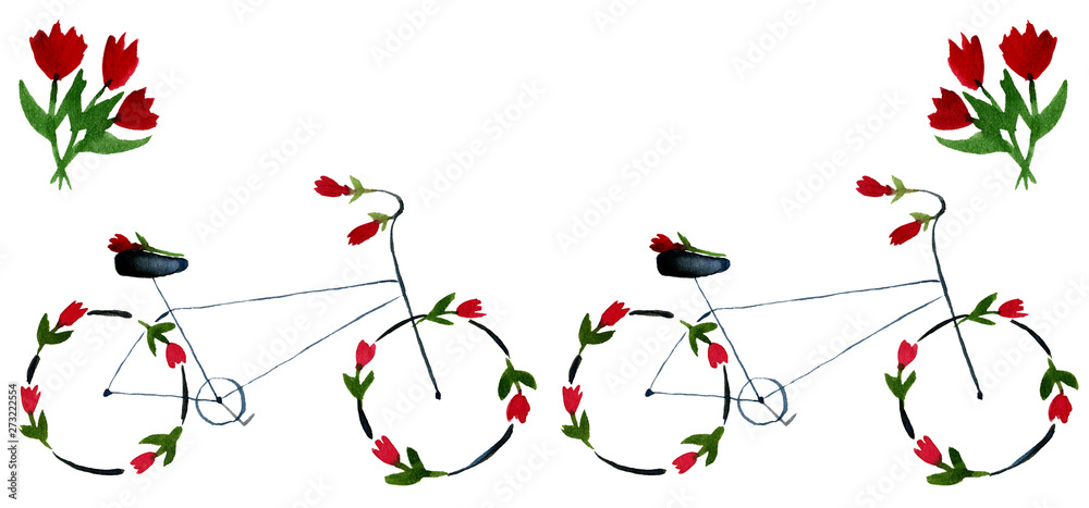 custom made wallpaper toronto digitalRetro bicycle with flowers hand drawn watercolor set isolated on white background