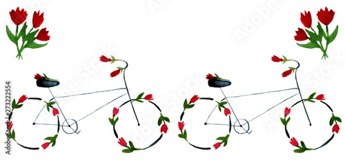 Retro bicycle with flowers hand drawn watercolor set isolated on white background