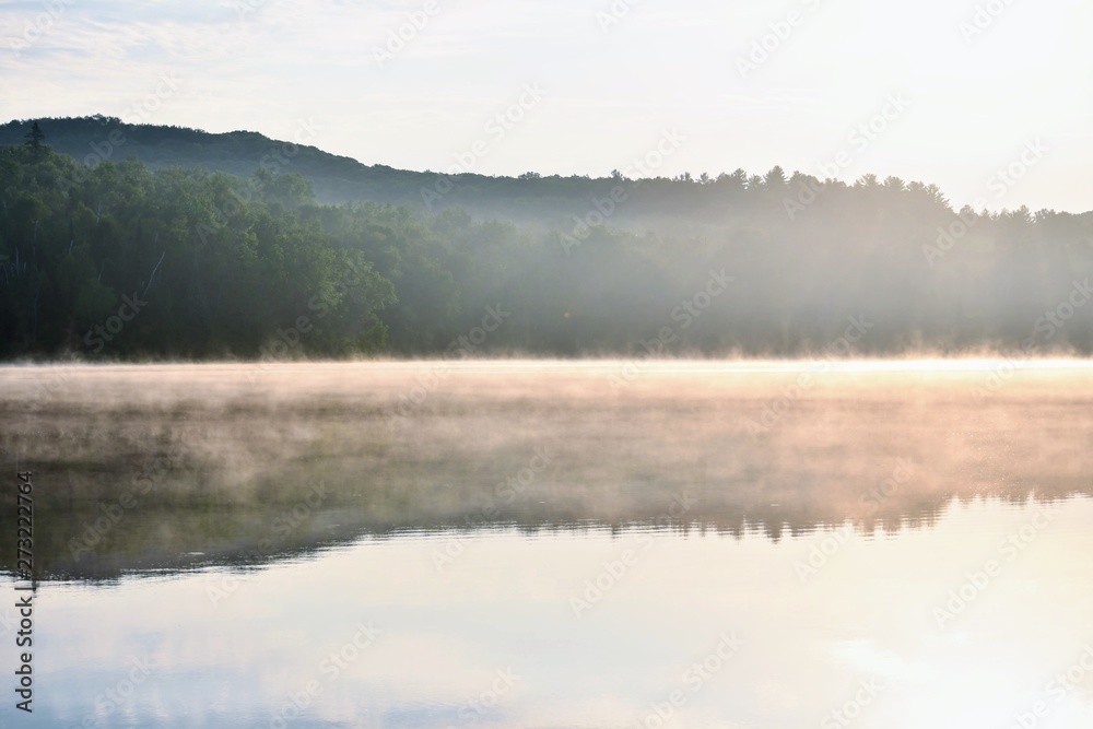Fototapeta premium The reflection of a forest across a lake with fog on the surface of the water