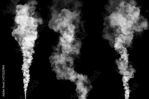 3 smoke, steam, fog clouds with tapered ends isolated on black background 