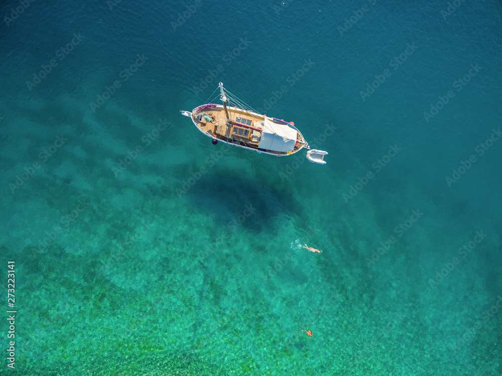 Aerial view of yacht in Adriatic sea off the coast of Croatia. Aerial view of yacht in Adriatic sea off the coast of Croatia.