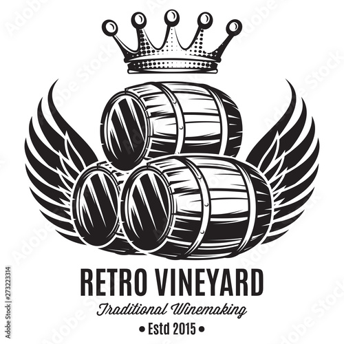 Vector monochrome illustration with cask, wings and crown