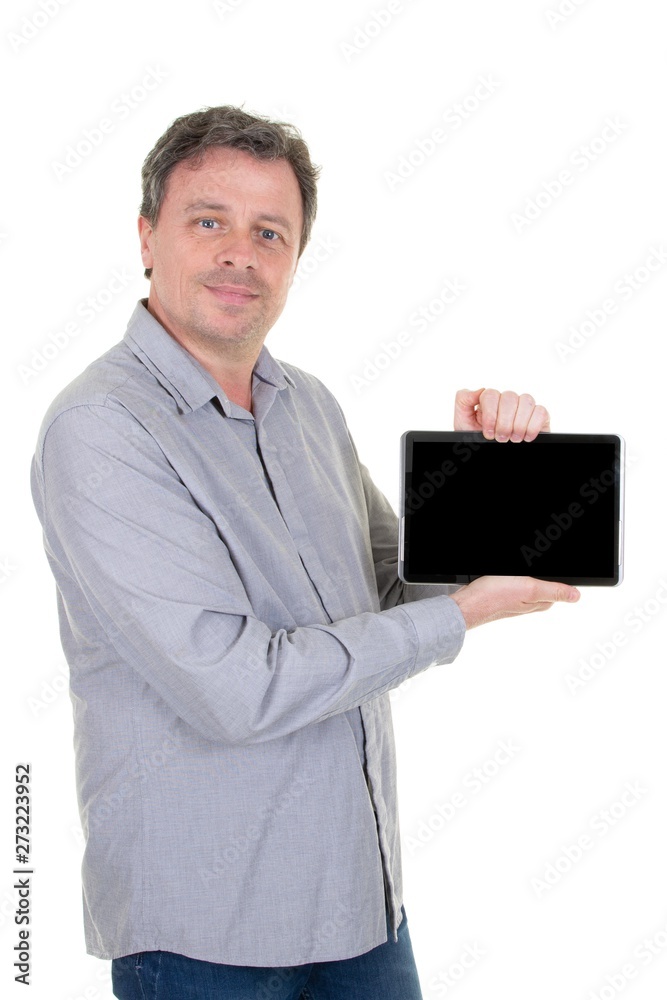 man isolated on white background holding blank screen tablet showing empty screen smile for advertising product man isolated on white background holding blank screen tablet showing empty screen smile for advertising product