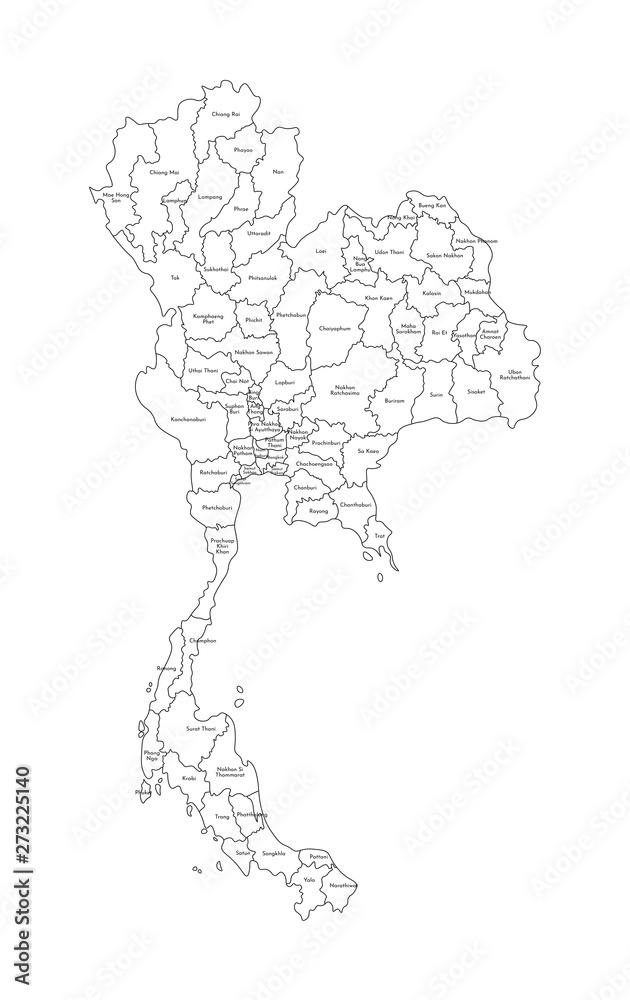 Vector isolated illustration of simplified administrative map of Thailand. Borders and names of the regions. Black line silhouettes