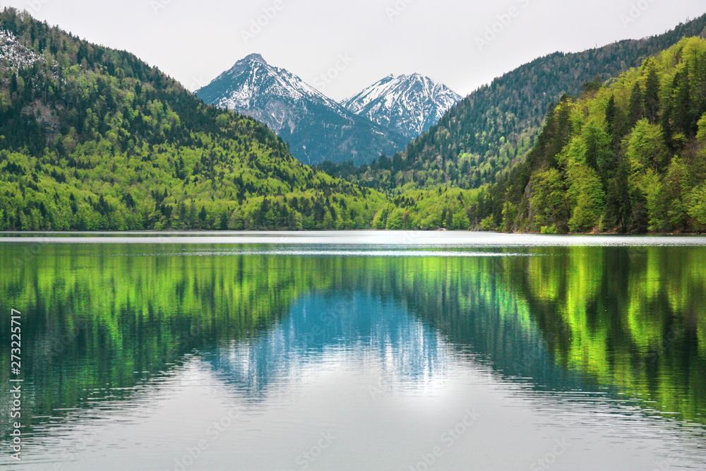 Alpsee mountain lake landscape, reflection of mountains and forest in clear water of Bavaria.