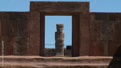 Close-up low angle front still shot of Kalasasaya main temple gate at Tiwanaku, La Paz, Bolivia