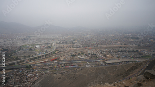 Aerial panoramic view of the poor districts of Lima in Peru.