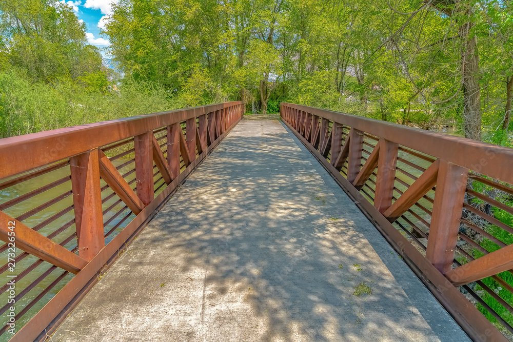 Bridge with rusty metal guardrails over a lake viewed on a sunny day Bridge with rusty metal guardrails over a lake viewed on a sunny day