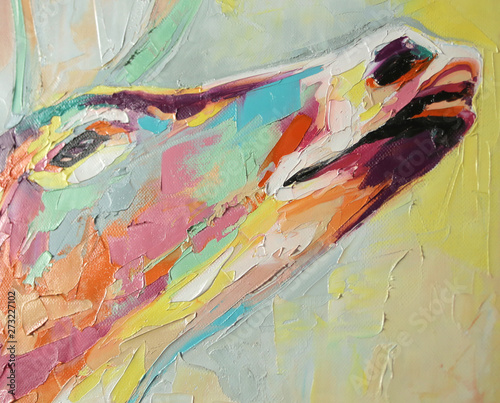 Oil deer portrait painting in multicolored tones. Conceptual abstract painting of a deer muzzle. Closeup of a painting by oil and palette knife on canvas.