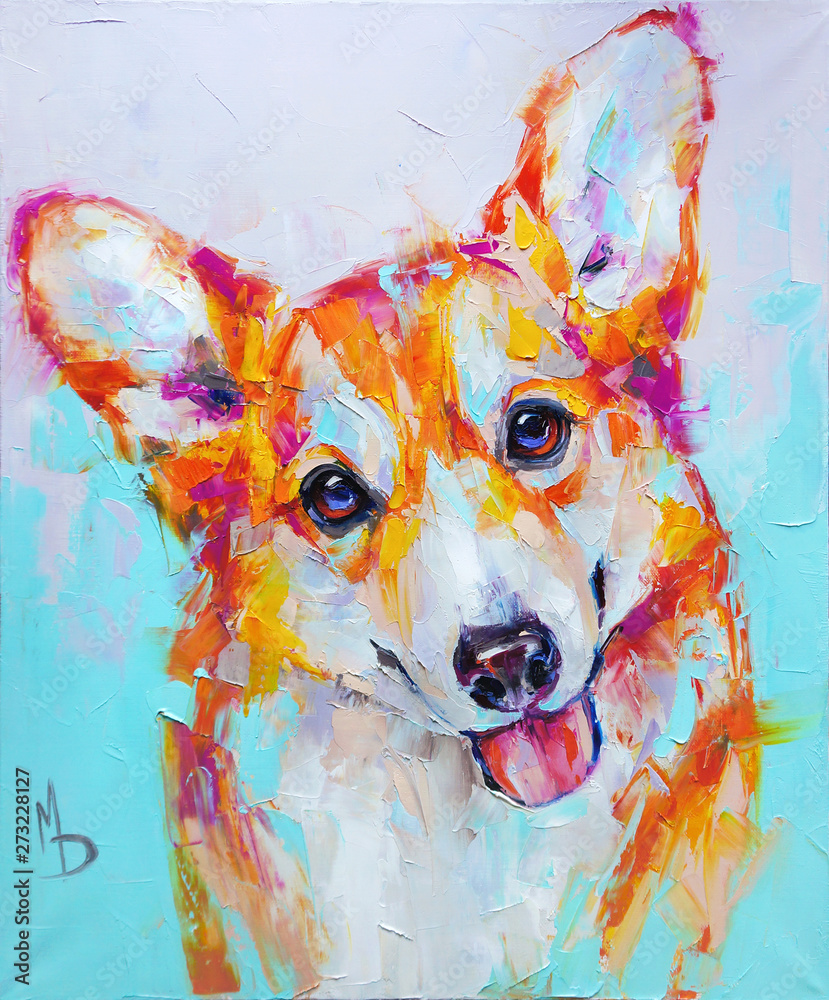 Oil dog portrait painting. Conceptual abstract painting of a welsh corgi pembroke muzzle. Closeup of a painting by oil and palette knife on canvas.