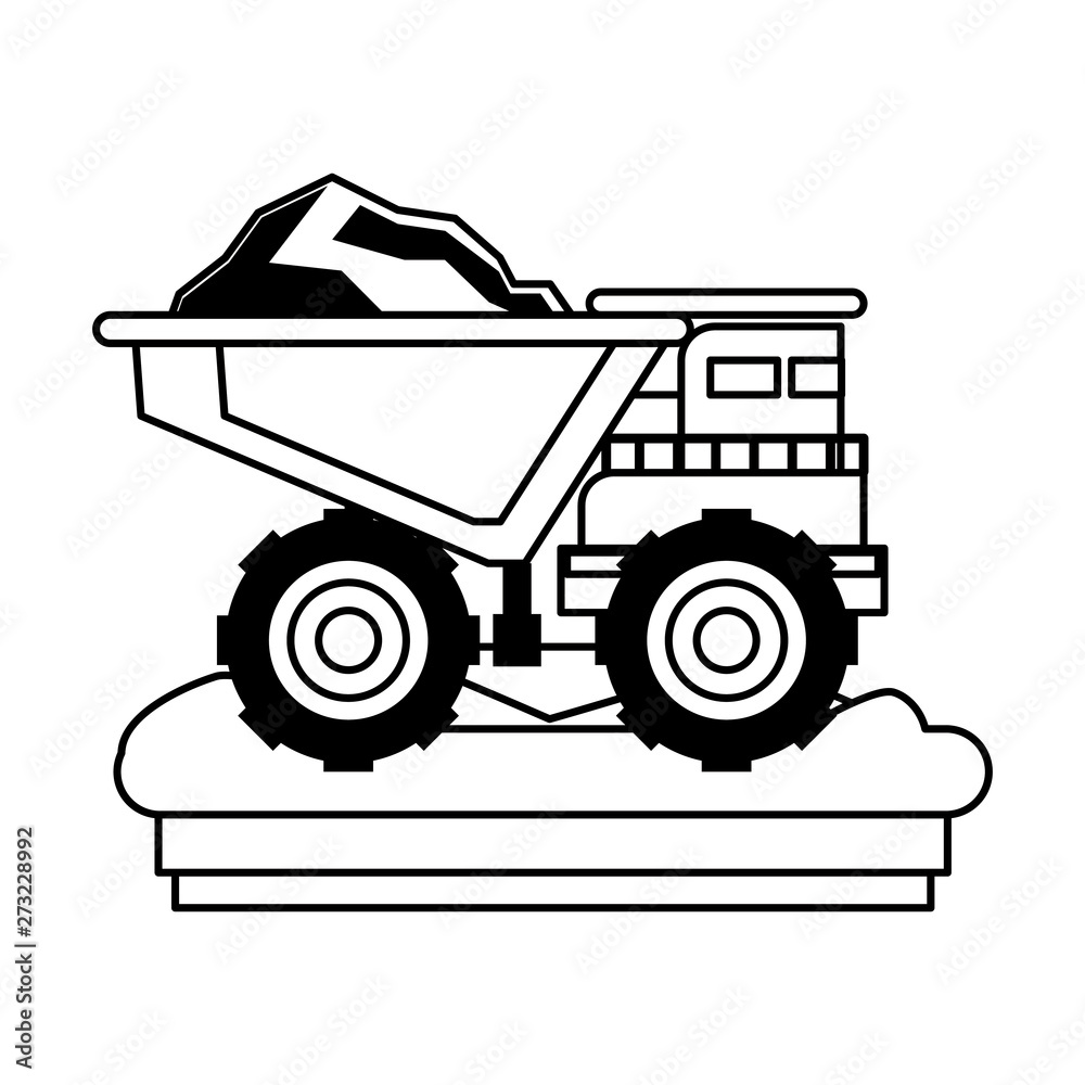 Mining vehicle machinery isolated sideview in black and white Mining vehicle machinery isolated sideview in black and white