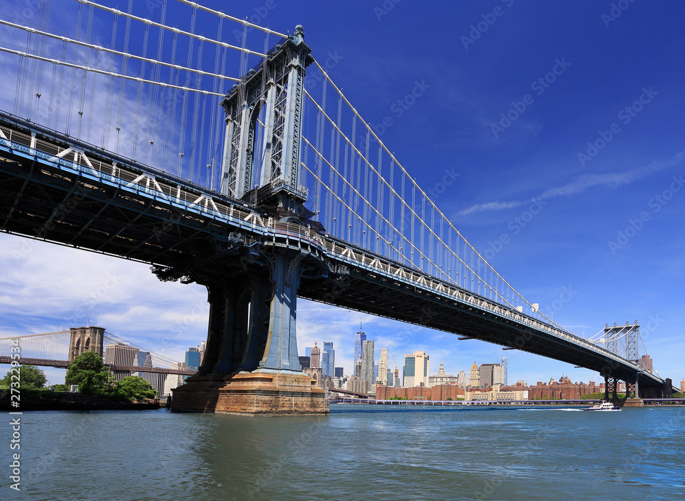 Manhattan and Brookly Bridges with New York City skyline on the background, USA