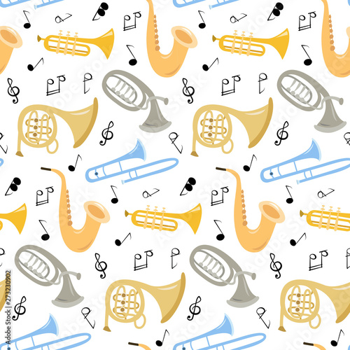 Seamless pattern with musical instruments on the white background.
